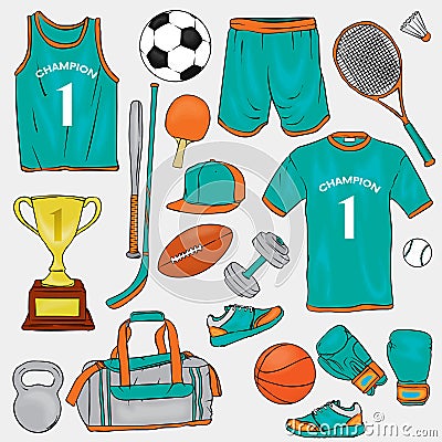 A set of sports clothes and items for different sports. T-shirt, shorts, sneakers, bag, football and basketballs, volan, tennis ra Vector Illustration