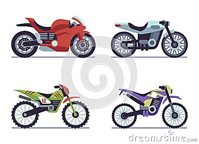 Set of sports motorcycles. Racing motorcycle, collectible vehicles for road racing, speed race modern vehicle travel and Vector Illustration