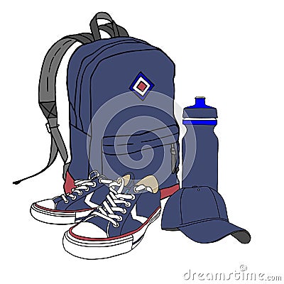 Set for sports tourism. Backpack and baseball cap, sneakers and bottle for water. Four icons on white background Stock Photo