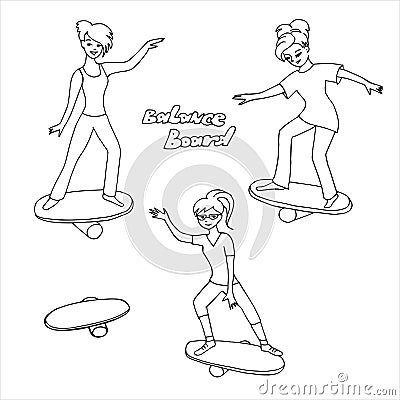 Set of sports young girls. Woman balancing on a balance board Vector Illustration