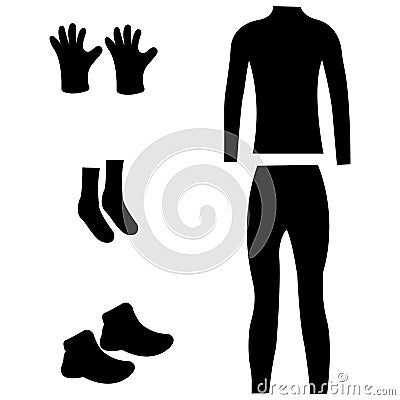 A set of sportswear and shoes, silhouettes of thermal underwear, gloves, socks and sneakers. Design for travel Vector Illustration