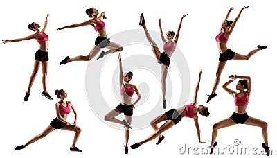 Set of Sporty Woman Fitness Exercise. Pilates Workout in Side Silhouette. Fit Body Girl in Sportswear jump squat. Isolated White Stock Photo