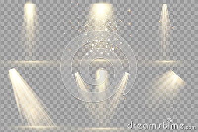 Set of Spotlight isolated . Vector glowing light effect with gold rays and beams. Scene illumination collection, transparent Stock Photo