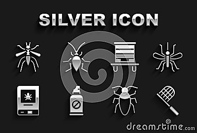 Set Spray against insects, Mosquito, Butterfly net, Cockroach, Book about, Hive for bees, and icon. Vector Vector Illustration