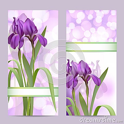 Set of spring banners with Purple Iris Flowers Vector Illustration