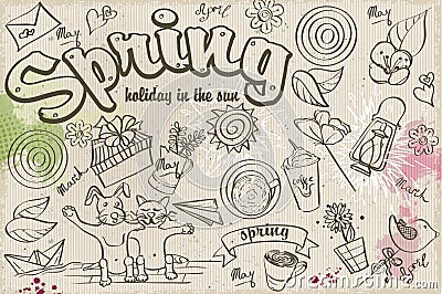 Set of spring doodles on the background with watercolor stains Vector Illustration