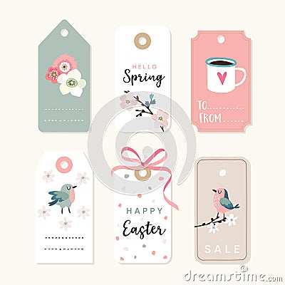 Set of spring, Easter gift tags and labels with flowers, cherry blossoms, birds and pink ribbon. Isolated vector Vector Illustration