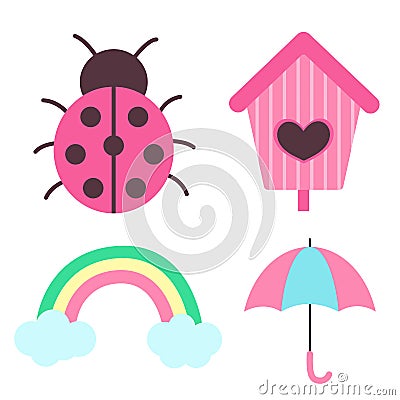 Set of spring elements. Ladybug, rainbow with clouds, umbrella and birdhouse. Print for sticker pack, clothes, textile Vector Illustration