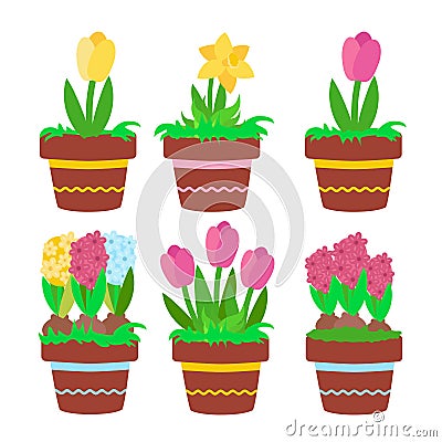 Set spring flowers in ceramic pots with decor: yellow and pink tulips, daffodils, yellow, blue and raspberry hyacinths. Vector Illustration