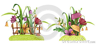 Set of spring, summer garden and forest bouquets with grass, fence, flowers, leaves and branches. Cartoon Illustration