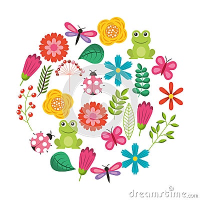 Set of spring theme nature flowers love birds butterflies ladybugs frog dragonfly Vector Illustration