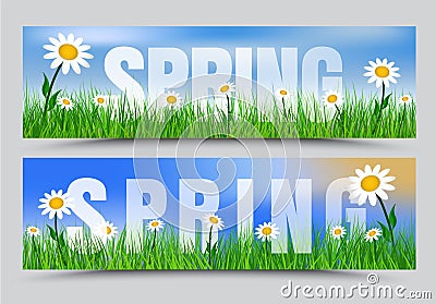 Set of spring web banners with green grass, white flowers Vector Illustration