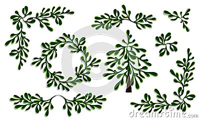 Set with spruce branches, pine twigs, Christmas tree, wreath, frame and angular border Vector Illustration