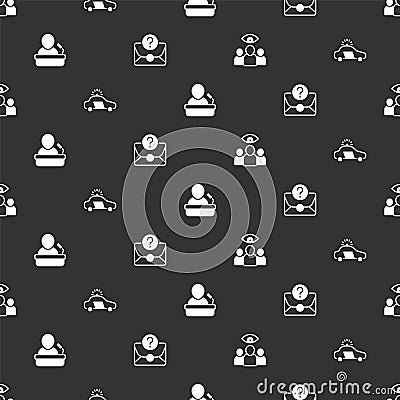 Set Spy, agent, Police car and flasher, Speaker and Envelope with question mark on seamless pattern. Vector Vector Illustration