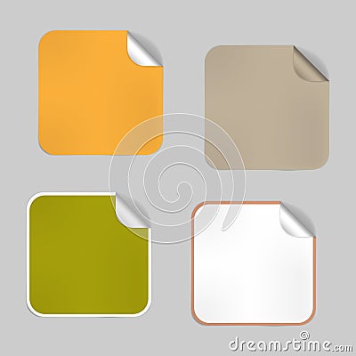 Set of square blank empty stickers with peeled off corner, mockup. Aluminium foil lids, adhesive labels. Vector template Vector Illustration