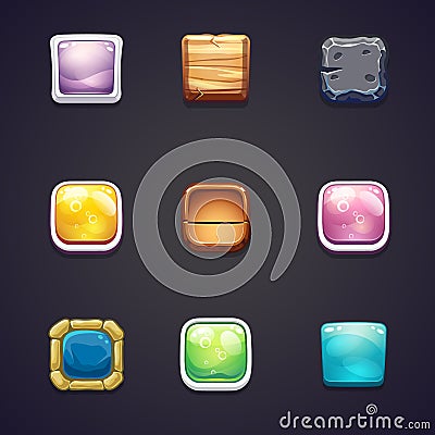 Set of square buttons of different materials for the web design and computer games Vector Illustration
