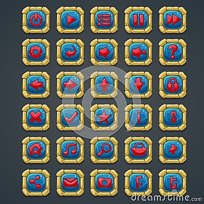 Set of square buttons with stone elements and symbols for web interface and computer games Vector Illustration