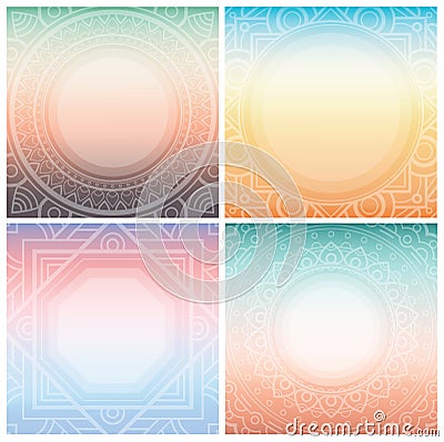 Set of square cards with ornamental frame on tender gradient background. Bohemian ornament for posters, banners. Vector Illustration