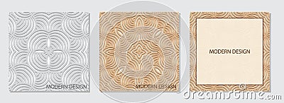 Set of square embossed light web banner backgrounds with geometric volumetric convex ethnic 3D pattern with frame for text. Vector Illustration