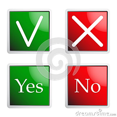 Set of square glossy yes and no buttons for interface. Check marks and crosses for the menu. Vector illustration isolated Vector Illustration