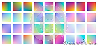 Set of square holographic gradient button. Multicolor green purple yellow orange pink cyan fluid gradients, colorful soft square Vector Illustration