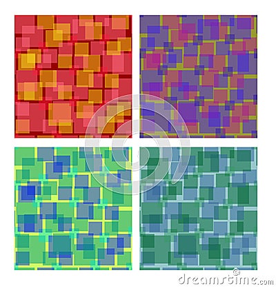 Set of square patterns in different colors, overlapping semitransparent square shapes, seamless vector background collection Vector Illustration