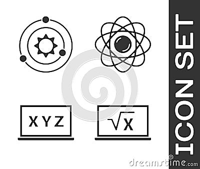 Set Square root of x glyph, Solar system, XYZ Coordinate system and Atom icon. Vector Vector Illustration