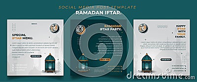 Set of Square social media post template in green, white and gold with lantern design. Iftar mean is breakfasting Vector Illustration