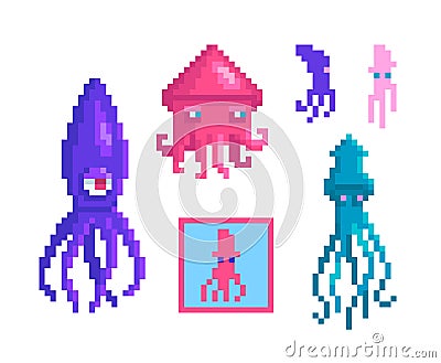 A set of squid in pixel art style. Sea characters different forms and sizes Vector Illustration
