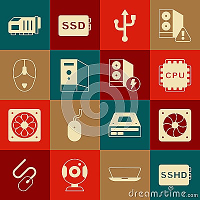 Set SSHD card, Computer cooler, Processor with CPU, USB, Case of computer, mouse, Video graphic and icon. Vector Vector Illustration