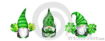 Set of St Patrick day gnomes in striped and decorated hats with four leaves clovers - luck symbols. Watercolor green Stock Photo