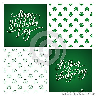 Set of St. Patrick's Day greeting cards and backgrounds. St. Patrick's Day lettering. Shamrock seamless pattern. Vector Illustration