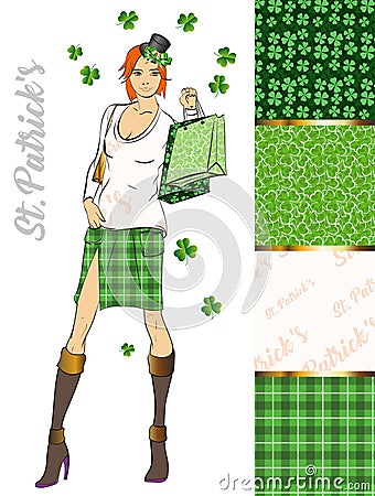 Set of St. Patrick`s Day Patterns. Lovely girl in a hat Vector Illustration