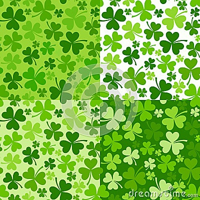 Set of St. Patrick`s day vector seamless backgrounds with shamrock. Vector Illustration