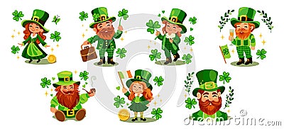 Set of St Patricks day leprechauns characters. Vector Illustration