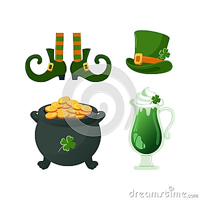Set of St. Patricks Day symbols. Leprechaun top hat, gold cauldron, vintage shoes with buckles, feet in striped Vector Illustration