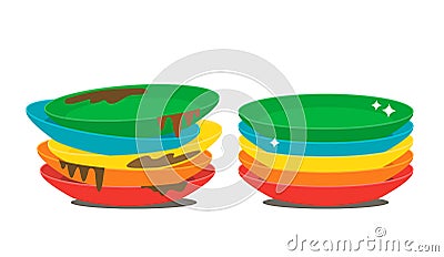 Set of a stack of dirty and clean dishes. concept before and after. Vector Illustration