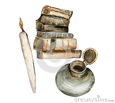 Set of a stack of old books, a quill, a green jar of ink. Perfect for wedding, invitations, blogs, card templates, birthday and Stock Photo