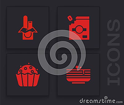 Set Stack of pancakes, Chocolate bar, Candy packaging for sweets and Cupcake icon. Vector Vector Illustration