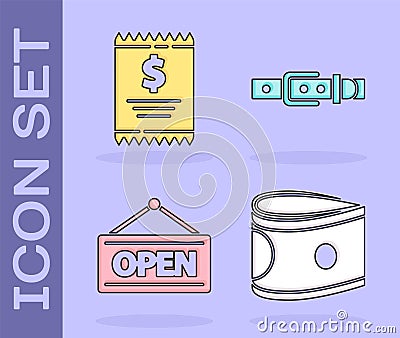 Set Stacks paper money cash, Paper check and financial check, Hanging sign with Open and Leather belt icon Vector Illustration