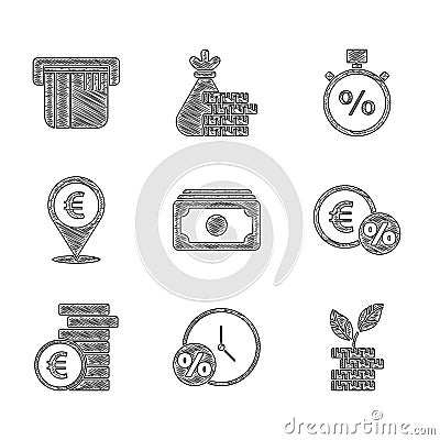 Set Stacks paper money cash, Clock and percent, Dollar plant, Money coin with, Coin euro symbol, Cash location Vector Illustration