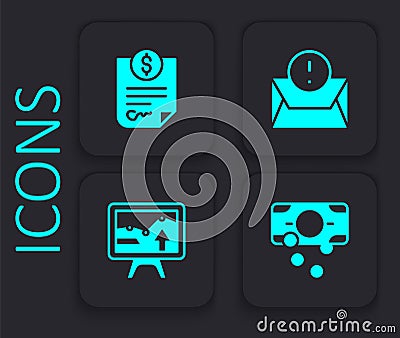 Set Stacks paper money cash, Contract, Envelope and Monitor with graph chart icon. Black square button. Vector Vector Illustration