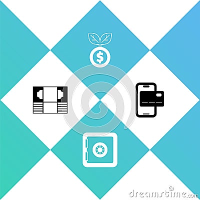 Set Stacks paper money cash, Safe, Dollar plant and Mobile banking icon. Vector Vector Illustration