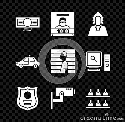 Set Stacks paper money cash, Wanted poster, Judge, Police badge, Security camera, Jurors, car and flasher and Suspect Stock Photo