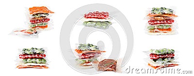 Set with stacks of vacuum packs with different products on white background. Banner design Stock Photo