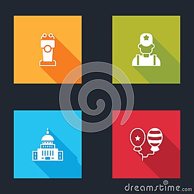 Set Stage stand or tribune, Sheriff cowboy, White House and Balloons icon. Vector Vector Illustration