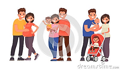 Set of stages of family development. Pregnancy, the birth of the firstborn and second child Cartoon Illustration