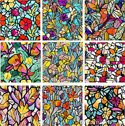 Set of stained glass patterns with flowers and leaves. Colorful vector backgrounds. Vector Illustration