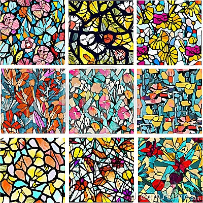 Set of stained glass patterns with flowers and leaves. Colorful vector backgrounds. Vector Illustration