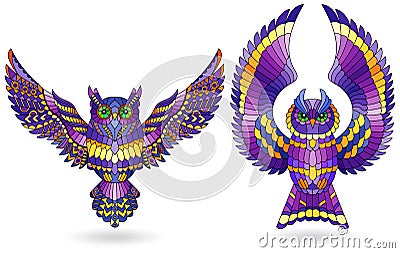 Stained glass illustration with owls, bright birds isolated on white background Vector Illustration